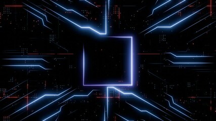 Poster - Seamless Loop. Futuristic Glowing Microchip Circuit Board with Radiating Blue Lines Representing High-Tech Computing Power,  Advanced Electronic Technology. Created using non-AI 3d software