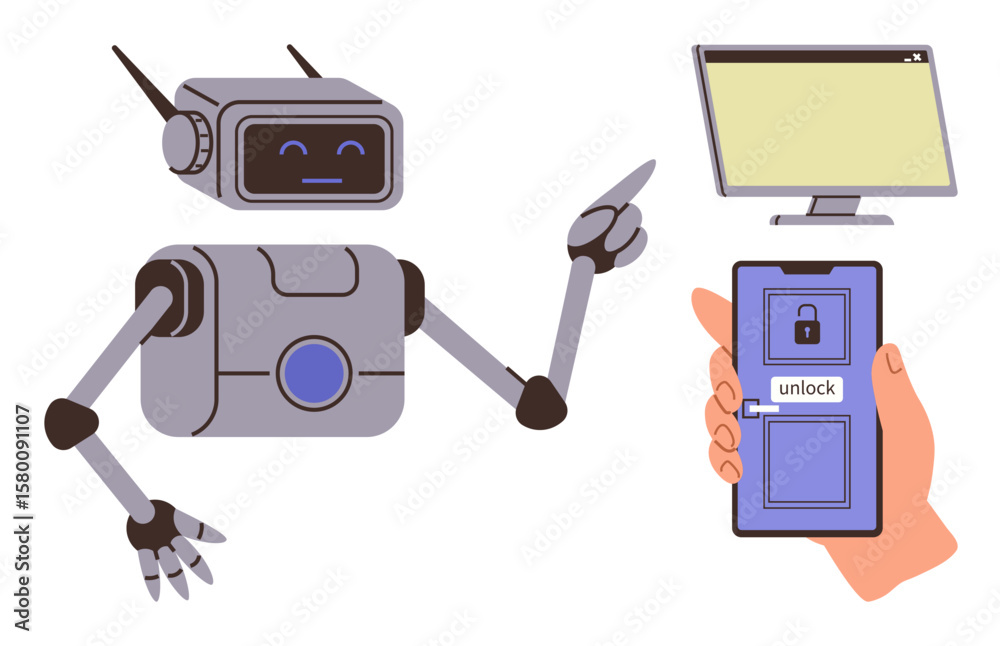 Robot pointing at phone unlock screen connected to computer. Ideal for ...