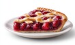 © black - A single slice of cherry pie, glistening with juice, sits on a small white plate against a stark white background; lattice crust, juicy filling