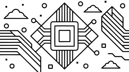 Poster - Abstract illustration of a central processing unit with clouds and geometric shapes around it