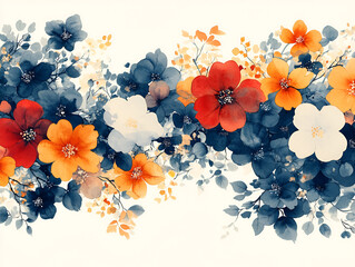A watercolor illustration of a floral border with vibrant red, orange, and white flowers nestled among dark blue leaves.