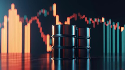 Aufkleber - Two barrels of oil are shown in front of a graph of stock prices. Concept of uncertainty and volatility in the market, as the stock prices fluctuate and the barrels of oil remain unchanged