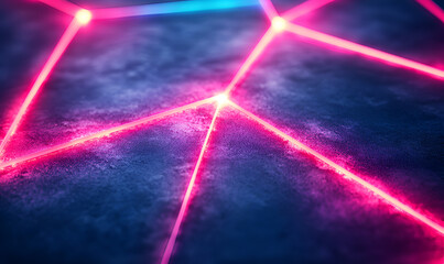 Poster - Abstract close-up of interconnected pink and blue glowing lines on a textured dark blue surface, creating a network or web-like pattern.