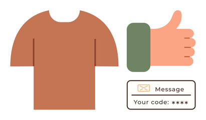 Poster - Brown t-shirt alongside thumb-up hand gesture and validation message box with code. Ideal for fashion, branding, approval, email verification, e-commerce, security, modern design. Simple flat