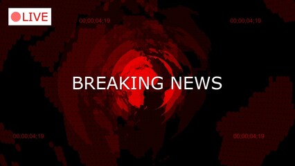 Poster - Breaking news background animation suitable for television broadcast with a live indicator world globe overlay and timecode display.