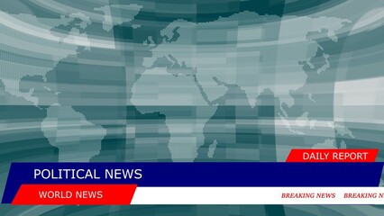 Poster - Abstract world news background featuring a digital dotted world map and political news graphics suitable for broadcasting and media