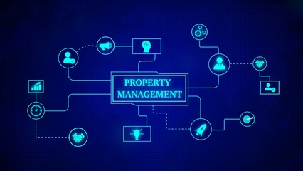 Poster - Innovative property management ecosystem illustrated with futuristic neon icons and a blue technological background representing business strategy