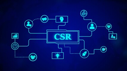 Poster - Corporate social responsibility conceptual diagram with connected icons on a blue background representing key business strategies