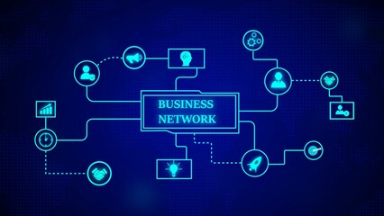 Poster - Digital business network concept depicting connection and growth strategy on a blue background with various icons representing success and collaboration