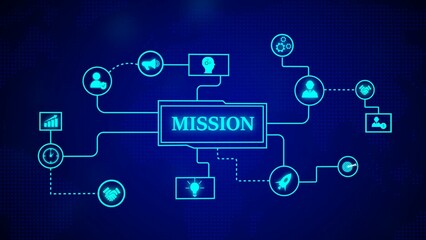 Poster - Visual representation of mission with connected icons depicting growth innovation teamwork and strategic goals against a futuristic blue background