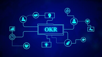 Poster - Okr objectives and key results business strategy diagram in glowing blue digital environment depicting teamwork communication and goal achievement