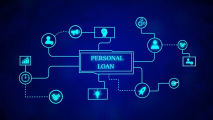 Poster - Conceptual illustration depicting personal loan process with financial concepts and icons on a dark blue background