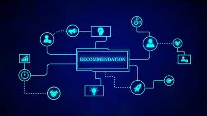 Poster - Innovative recommendation concept with a network of interconnected icons representing business strategies digital transformation and smart decision-making on a futuristic blue background