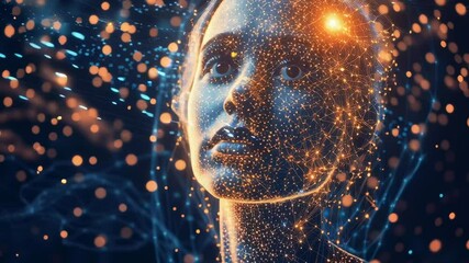 Poster - A woman's face is shown in a computer generated image with a glowing brain. Concept of wonder and curiosity about the workings of the human mind