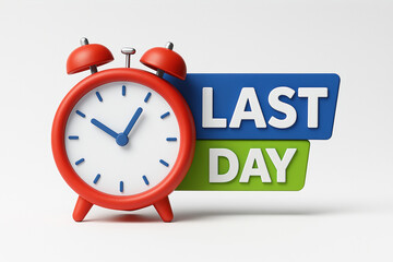 Poster - 3D Alarm Clock with Last Day Sign on a White Background for Deadline Reminders and Time Management Concepts