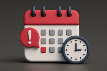 Poster - 3D Rendered Calendar and Clock Icon with Alert on Gray Background Illustrating Time Management and Reminders