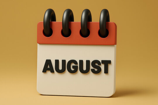 3D Rendered August Calendar Icon with Red Top and Black Rings on a Yellow Background for Schedule and Planning