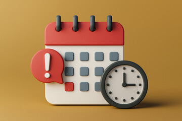 Poster - 3D Rendered Calendar and Clock Icon with Alert on Yellow Background Illustrating Time Management and Reminders