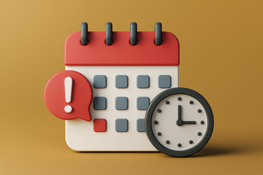 3D Rendered Calendar and Clock Icon with Alert on Yellow Background Illustrating Time Management and Reminders