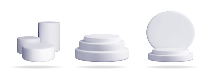 Fototapete - White 3d product display podiums with shadow effect, geometric cylinder and tiered stand for advertising design.