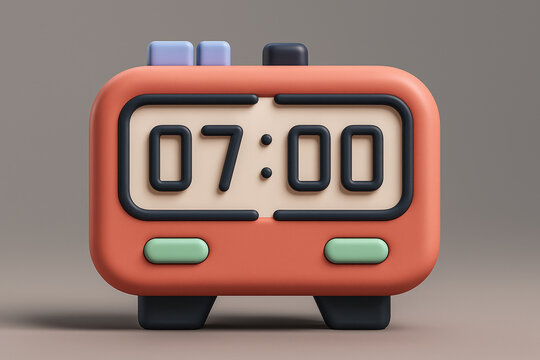 Cartoonish Orange Alarm Clock Displaying 700 with Pastel Buttons and Rounded Edges on a Neutral Gray Background