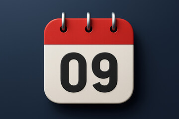 Poster - Detailed 3D Render of a Calendar Page Displaying the Number 09 Against a Dark Blue Background in a Studio Setting