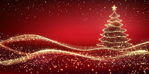 Poster - Luminous Gold Red Shimmer on Rich Background with Sparkling Christmas Star Tree for Holiday Wishes