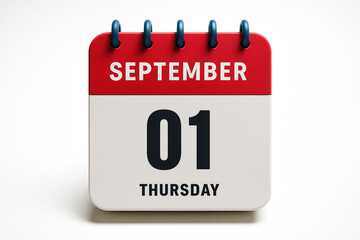 Poster - Realistic September 1st Calendar Page Depicting Thursday Date Reminder for Schedules and Planning in a 3D Rendering Style