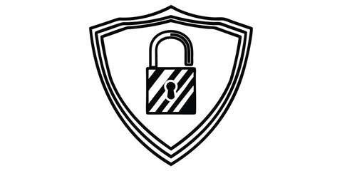 Poster - illustration of a shield with triple outline containing an open padlock with diagonal stripes inside