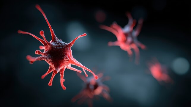 Detailed 3d rendering of a red spiky virus particle against a dark blurred background
