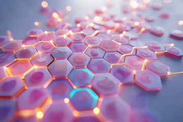 Fototapete - Abstract rendering of interconnected hexagons with a pink and blue color palette and glowing edges