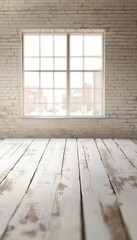 Poster - Charming Rustic Interior Featuring Whitewashed Brick Wall and Aged Wooden Floor for Photography Use