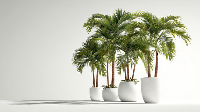 A 3D rendering of potted palm trees set against a clean white backdrop