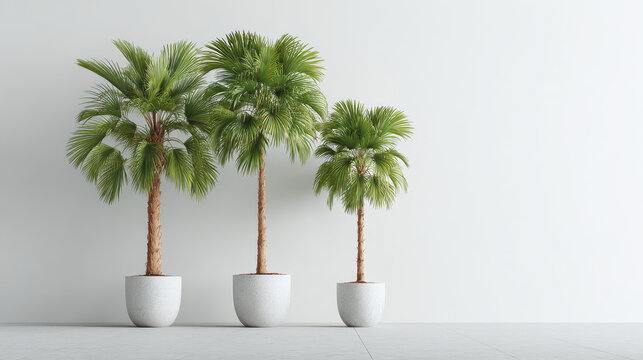 A 3D rendering of potted palm trees set against a clean white backdrop