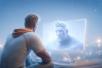 Poster - Man looks at mesmerizing holographic character on large screen, showcasing advanced technology in a cozy room. Soft lighting captures a tranquil evening atmosphere