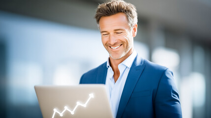 Poster - Businessman looking content while reviewing financial statistics on laptop. Bright, contemporary office with soft lighting. Concept of finance, entrepreneurship, business growth