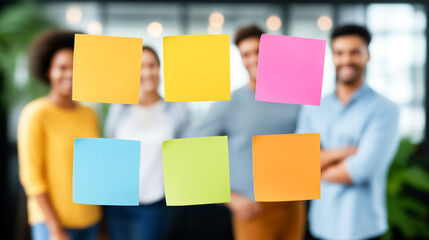 Poster - Group of professionals engaged in brainstorming with colorful sticky notes displayed on glass wall. Bright, collaborative office environment. Concept of teamwork, creativity, productivity