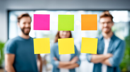 Poster - Three colleagues stand together in modern office, engaged in brainstorming session with vibrant sticky notes on transparent surface. Concept of teamwork, collaboration, business development