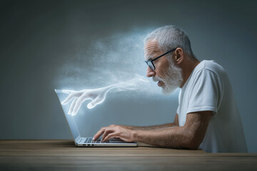 Poster - Elderly man types on laptop with focus as glowing hand extends from screen. Dark atmospheric workspace enhances the sense of curiosity and magic. Concept of technology, innovation, digital art