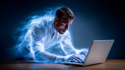 Poster - Man focused on laptop, illuminated by ethereal blue glow suggesting high concentration and creativity. Modern workspace with wooden table and dark background