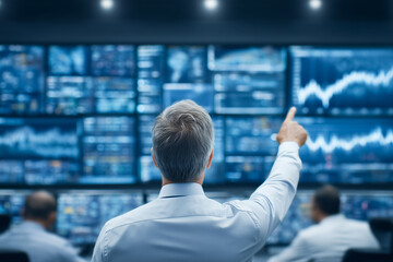 Poster - Business professional engages with financial data displayed on multiple screens in contemporary office. Modern workspace with focus on analytics and decision making