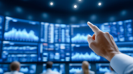 Poster - Individuals analyzing stock market data with multiple digital screens showcasing graphs and statistics. Contemporary financial trading room setting with focus on data interpretation