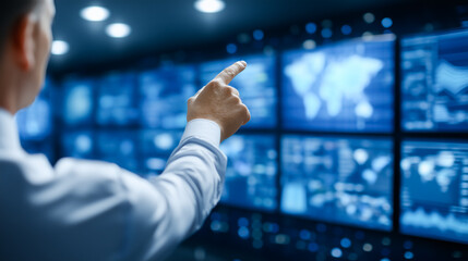 Poster - Business professional points at digital displays filled with data analytics and global maps. Contemporary office environment illuminated by blue light