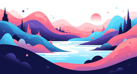 Wall Mural - Abstract Colorful Layered Landscape with Lake and Sun
