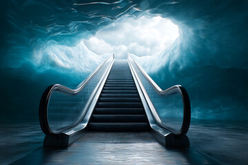 Poster - Escalator ascends toward illuminating clouds in a dreamlike atmosphere. Unique setting with dramatic lighting and abstract textures. Concept of architecture, surrealism, inspiration