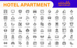 © artnazu - Hotel apartment icons set. Rental property icons. Set of hotel booking, five-star hotel, service line vector web icon.Hotel universal set with Building, Parking,  Meal, Air conditioner.