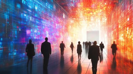 Poster - A diverse group explores a futuristic digital corridor filled with vibrant abstract designs.