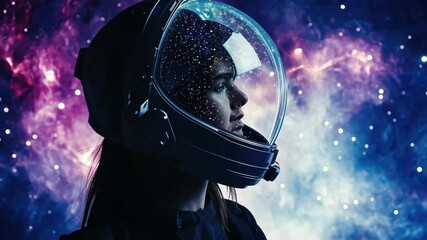 Poster - Woman in space helmet gazes at a colorful galaxy backdrop in a mesmerizing cosmic setting, video of a woman wearing a space helmet with a galaxy background