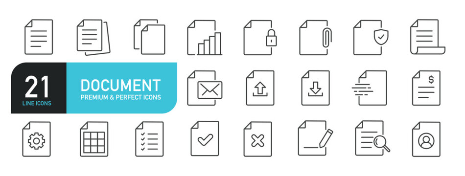 Set of line icons related to document, file, paper. Outline icons collection. Editable stroke. Vector illustration