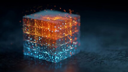 Poster - Concepts of Convolutional Neural Networks (CNNS). Stunning glowing cube visualization of vibrant colors and intricate patterns, showcasing digital technology through mesmerizing orange and blue